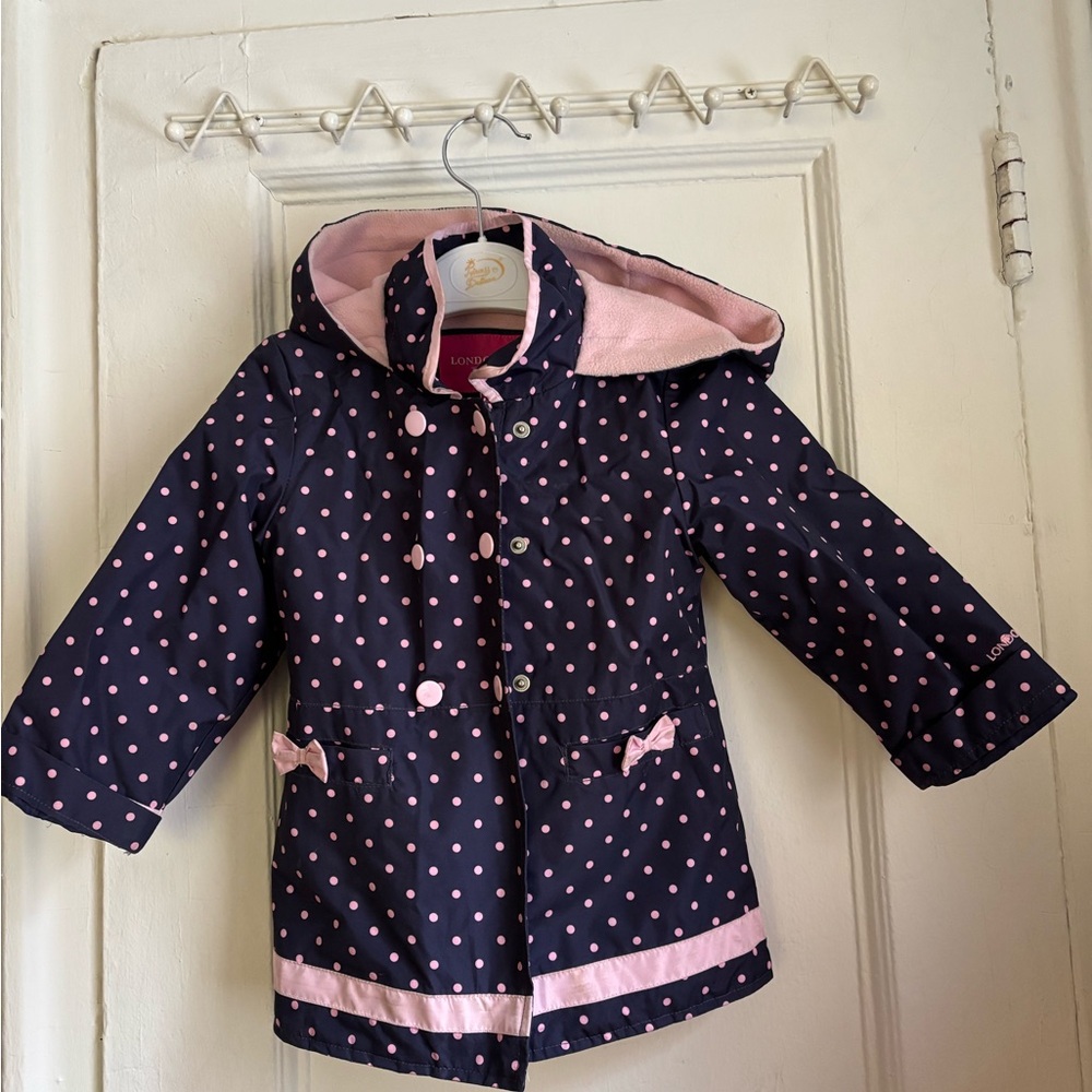 London Fog Girls Navy and Pink Polka Dot Raincoat Size 3T